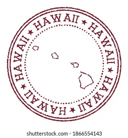 Hawaii round rubber stamp with US state map. Vintage red passport stamp with circular text and stars, vector illustration.