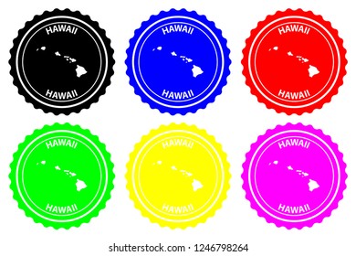 Hawaii - rubber stamp - vector, Hawaii map pattern - sticker - black, green, yellow, purple, blue and red