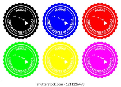 Hawaii - rubber stamp - vector, Hawaii (United States of America) map pattern - sticker - black, blue, green, yellow, purple and red 