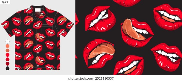 Hawaii Seamless Female Mouths Pattern Mockup on Shirt, Vibrant Pop Art Lip Design for Aloha Summer Fashion, Perfect for Clothing Mockups, Fashion Branding, and Apparel Prints