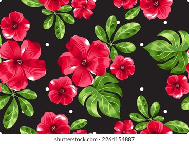 hawaii seamless floral pattern and white polka dot on black background, textile flowers elements, Hand drawn background, summer design fashion artwork for clothes, wallpaper, wedding