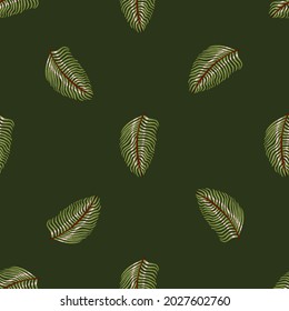 Hawaii seamless pattern in minimalistic style with creative fern leaf silhouettes. Dark green background. Graphic design for wrapping paper and fabric textures. Vector Illustration.