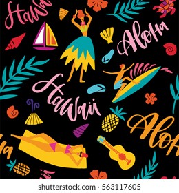 Hawaii seamless pattern with tourist attractions symbols and elements - colorful design with hula dancer, woman on the beach, surfer, palm leaves, guitar and others. Summer vacation theme background.