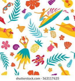 Hawaii seamless pattern with tourist attractions symbols and elements - colorful design with hula dancer, woman on the beach, surfer, palm leaves, guitar and others. Summer vacation theme background.