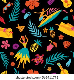 Hawaii seamless pattern with tourist attractions symbols and elements - colorful design with hula dancer, woman on the beach, surfer, palm leaves, guitar and others. Summer vacation theme background.