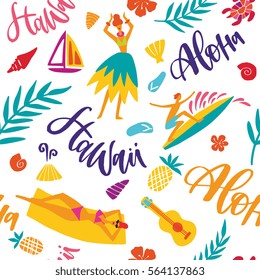 Hawaii seamless pattern with tourist attractions symbols and elements - colorful design with hula dancer, woman on the beach, surfer, palm leaves, guitar and others. Summer vacation theme background.