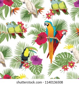 Hawaii seamless pattern. Tropical flowers texture. Exotic flowers and birds wallpaper. Tropical seamless pattern. Parrots and exotic flowers. Tropical paradise pattern. Tropical background. 
