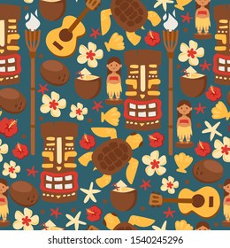 Hawaii seamless pattern, vector illustration. Isolated flat style items, symbols of Hawaiian culture and history. Wrapping paper or fabric print design. Totem idol mask, guitar, flowers and coconut