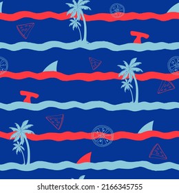 Hawaii seamless pattern vector illustrations. Palm trees, shark, waves, time to travel, summer time