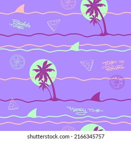 Hawaii seamless pattern vector illustrations. Palm trees, shark, waves, time to travel, summer time