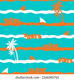 Hawaii seamless pattern vector illustrations. Palm trees, shark, waves, time to travel, summer time