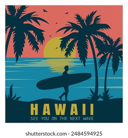 Hawaii, see you on the next wave retro poster template