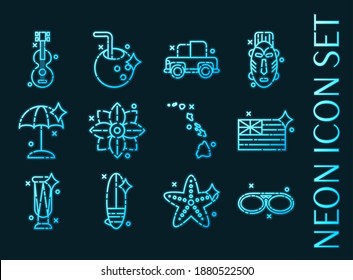 Hawaii set icons. Blue glowing neon style.