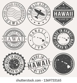 Hawaii Set of Stamps. Travel Stamp. Made In Product. Design Seals Old Style Insignia.