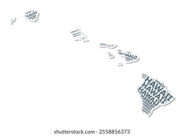 Hawaii shape text cloud. State border with shadow on white background. Hawaii with counties division in vintage gazette style. Amazing vector illustration.