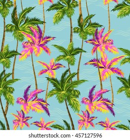 hawaii shirt palm trees pattern. Vector seamless design with beautiful tropical palms with sea and waves background