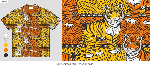 camiseta hawaiana y maqueta corta con fondo de patrón sin costuras de tigre de dibujos animados, moda de verano, textura abstracta, obras de arte para la ropa de serigrafía, ilustración de dibujo a mano.