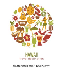 Hawaii sightseeing landmarks and famous vector travel attractions poster.