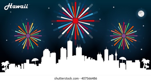 Hawaii skyline silhouette, dark night sky with fireworks vector design