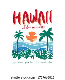 Slogan hawaiano con puesta de sol gráfica en la playa e ilustración de palmeras