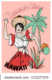 Hawaii slogan with Hawaiian girl illustration. Vector graphic for t-shirt print and other uses.
Hawaiian girl illustration.
