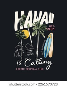 hawaii slogan with surfboards and plam trees vector illustration on black background