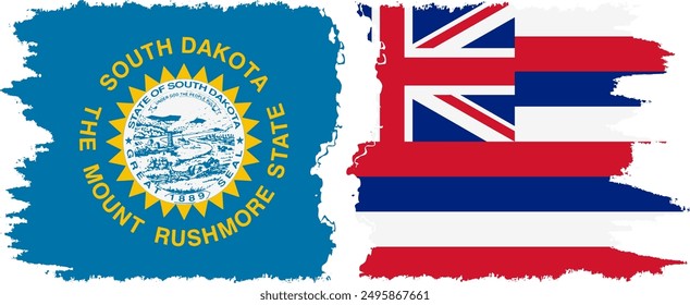 Hawaii and South Dakota states grunge brush flags connection, vector