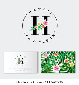 Hawaii Spa and Resort or hotel logo. H letter emblem. H monogram with flowers and leaves. Identity, business card with flower pattern.