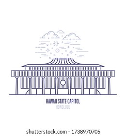 Hawaii State Capitol located in downtown of Honolulu, United States. The state capitol building and government of U.S. state Hawaii. The great example of Bauhaus style. City sight linear vector logo