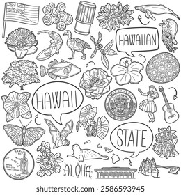 Hawaii State Doodle Icons Black and White Line Art. Hawaiian Clipart Hand Drawn Symbol Design.