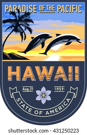 Hawaii state emblem, sunrise on a blue background