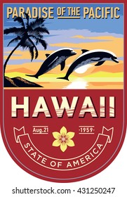 Hawaii state emblem, sunrise on a red background