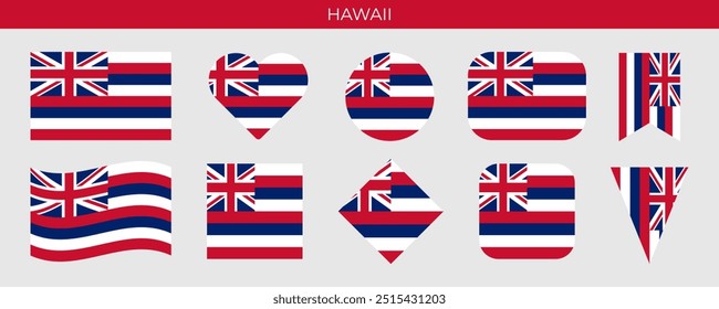 Hawaii state flag set. American state flag of different shapes. Vector illustration isolated on white background