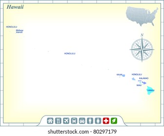 Hawaii State Map with Community Assistance and Activates Icons Original Illustration