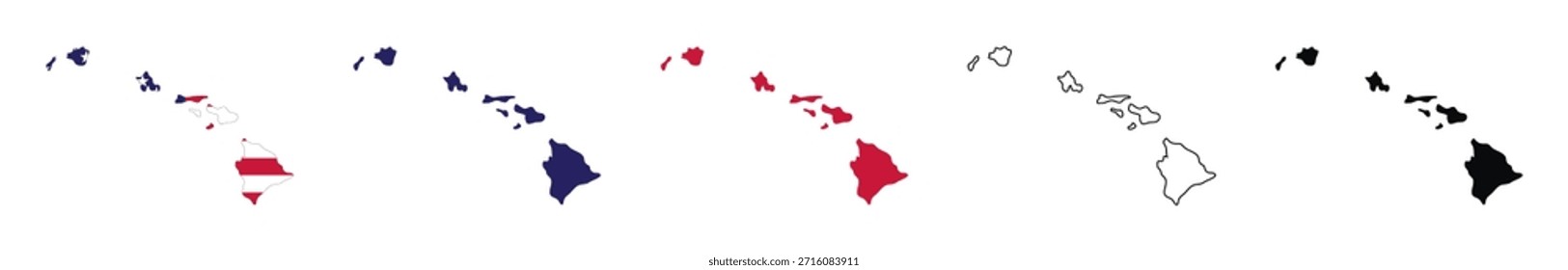 Hawaii state map vector illustration set featuring outline and solid fills, with American flag elements in blue, red, and black, perfect for geography education, Travel guides, and patriotic designs