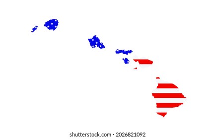 Hawaii state map vector silhouette illustration. United States of America flag over Hawaii map. USA, American national symbol of pride and patriotism. Vote election campaign banner. Paradise island.