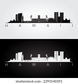 Hawaii state skyline and landmarks silhouette, black and white design. Vector illustration.