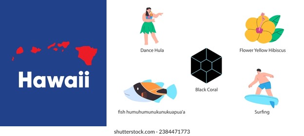 Hawaii states with symbol icon of hula dance fish black coral gems yellow hibiscus and surfing  illustration