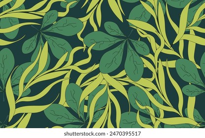 Hawaii style design Shorts Fabric Print with Tropical Leaves. Hand Drawn nature Seamless Pattern. Groovy Pastel color vector illustration can used Wall descor.