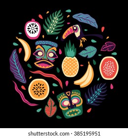 Hawaii Style Elements Set. Natural Objects. Masks, Fruits, Leaves, Branches, Birds. Isolated