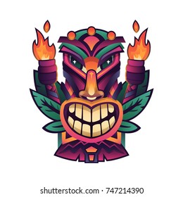 Hawaii Style Object. Colorful Crazy Tiki Mask with Fire. Vector Illustration. Isolated