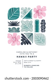 Hawaii style summer wedding invitation design. Tropical leaves and flowers. Vector illustration.