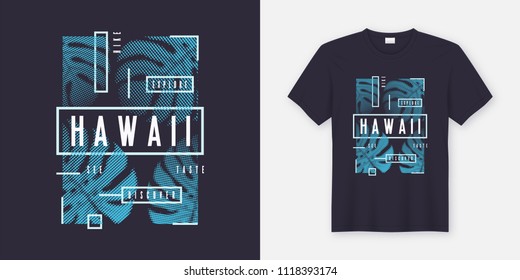 Diseño moderno y elegante de pantalones y vestimenta Hawaii con hojas tropicales, tipografía, impresión, ilustración vectorial. Swatches globales.