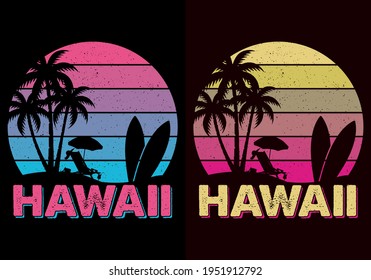 Hawaii Summer Beach Retro Vintage Sunset-shirt Design, Vector, Palm Tree, Surfing, Summer, Icon, Logo