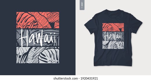 Hawaii summer graphic t-shirt design, tropical print, vector illustration.