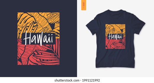 Hawaii summer graphic t-shirt design, tropical print, vector illustration.