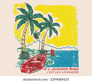 Hawaii summer paradise artwork for t shirt, poster, sticker. Summer good vibes. Paradise Print t shirt graphics design, typography slogan on palm trees background. Beach vintage print design artwork.