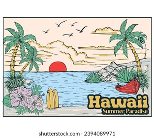 Hawaii summer paradise artwork for t shirt, poster, sticker. Summer good vibes. Paradise Print t shirt graphics design, typography slogan on palm trees background. Hawaii bay paradise hand sketch.