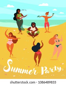 Hawaii summer party poster. Three young hula girls dancing, one singing with ukulele and two guys on the beach, near the sea. Musical party. Ukulele, drum and marakas. Vector illustration