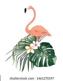 Hawaii summer print with flamingo, hibiscus and tropical leaves. Isolated vector illustration on white background. Watercolor style